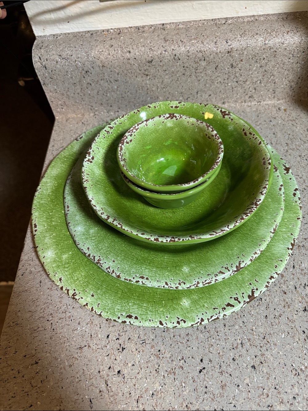 Pier 1 Bright Green Distressed Ceramic Bowl and Plate Set